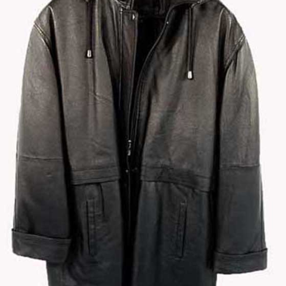 PARKA, LEATHER, MISSES MEDIUM, BLACK, BY SEQUENCE, ZIP-OFF HOOD, HIGH COLLAR,